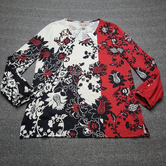 Chicos Shirt Womens Medium Black Red White Long Sleeve Floral Print Boho Top - Picture 1 of 8